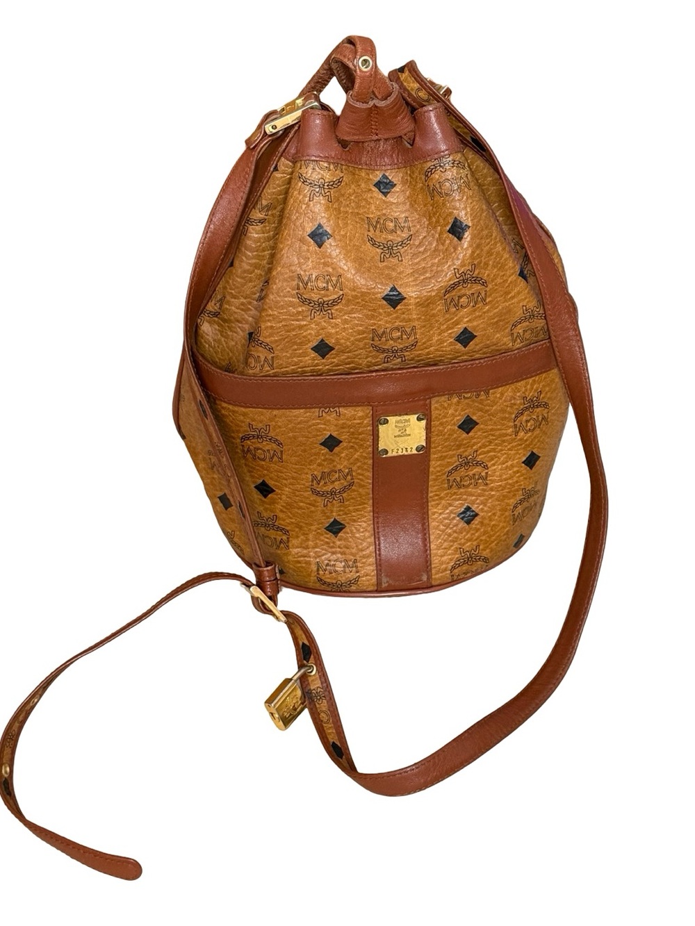 Vintage 80s 90s leatherMCM Visetos Monogram Drawstring Crossbody Bucket Bag